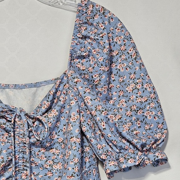 Blue Floral Cottagecore Milkmaid Mini Dress Medium Boho Square Neck Puff‎ Sleeve - Picture 5 of 10
